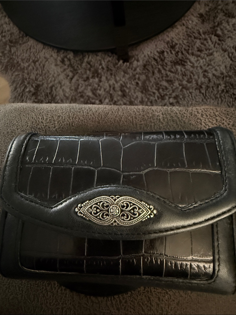 Brighton Black Croc-Embossed Tri-fold Leather Crossbody Bag Silver Accent